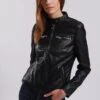 Lee Cooper Leather Jacket With Round Collar And Push Button Closure - - Leren Jas - Black